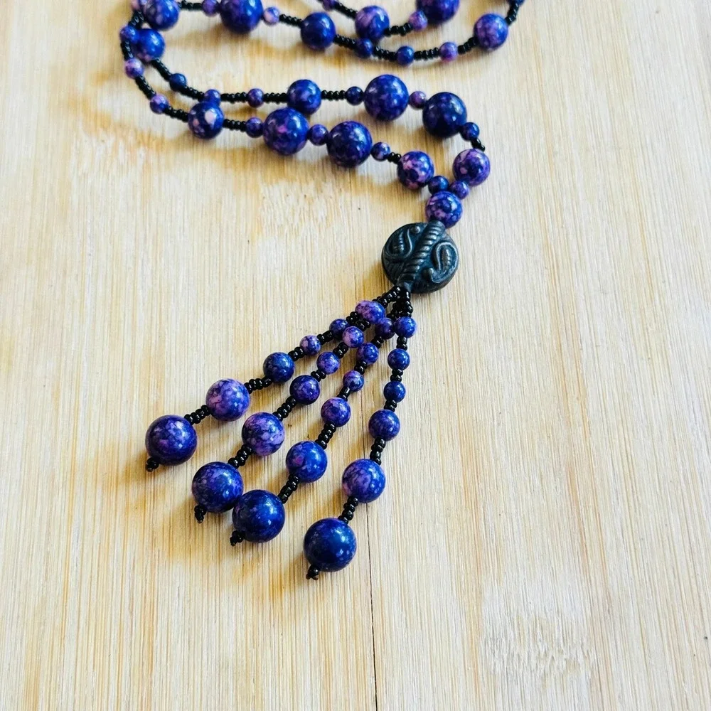 VTG Czech Art Glass‎ Beaded Picasso Tassel Necklace Purple Beads Flapper 32